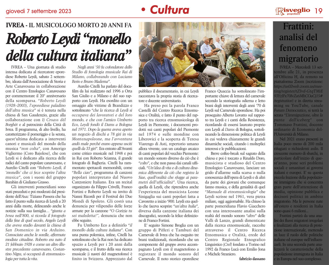 Roberto Leydi “monello della cultura italiana” da Il Risveglio Popolare di giovedì 7 settembre 2023