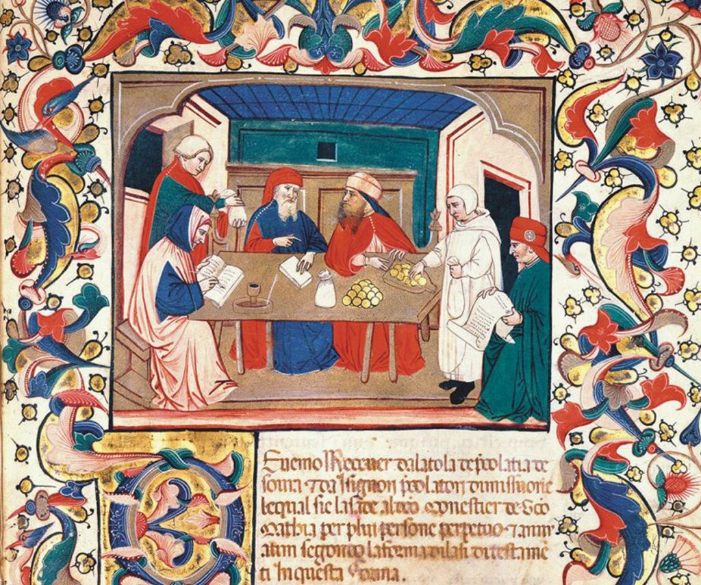 Fig. 5 Miniatura rappresentante la professione bancaria, Seminario patriarcale, Venezia, XV secolo (il banchiere con abiti rossi e blu porta in capo il capperone)
